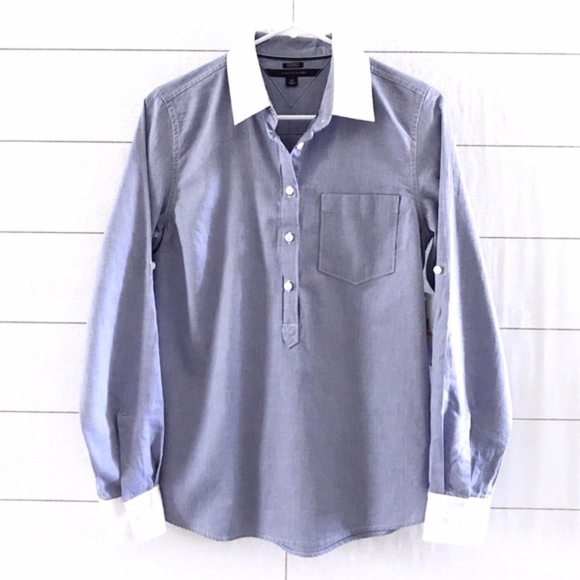 Tommy Hilfiger Blue White Long Sleeve Popover Top - Picture 2 of 8